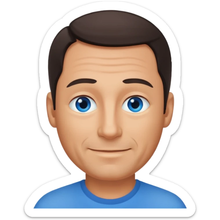 Middle aged man with tanned skin, receding dark hair and no beard, blue eyes, shy smile sticker