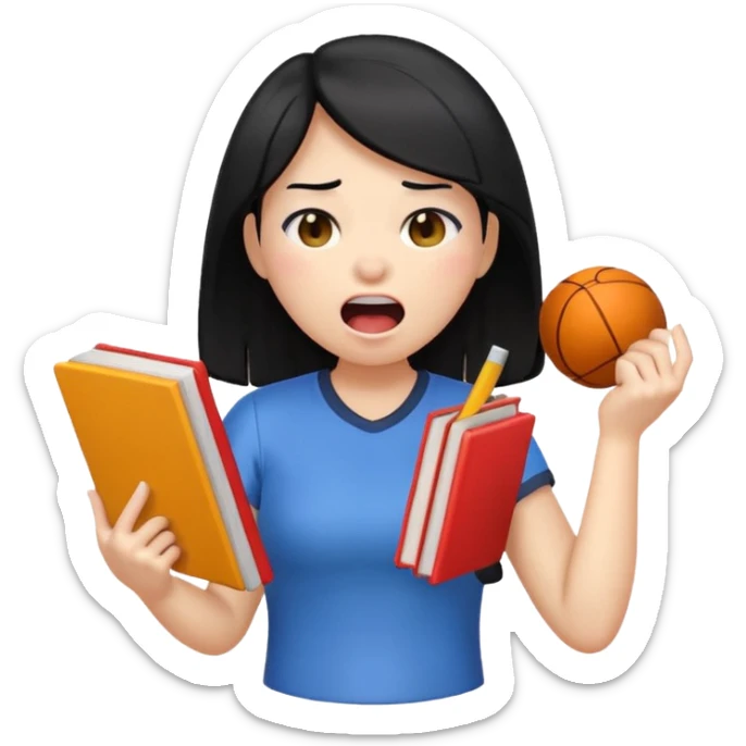 female emoji with black hair, yawning, holding a book and sports equipment, tired sticker