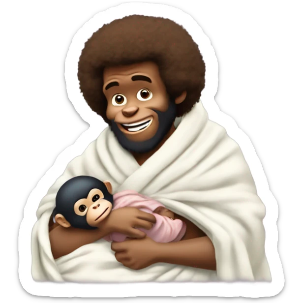 Human Bob Ross bottle feeding a new born baby chimpanzee wrapped in a blanket sticker