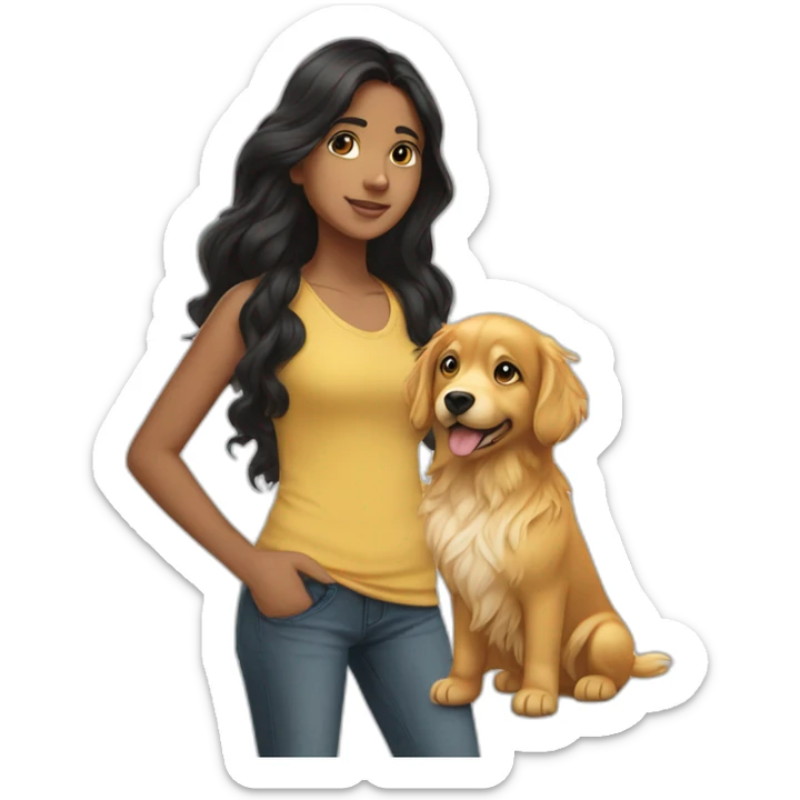 Indian teen with long wavy black hair walking golden retriever  sticker