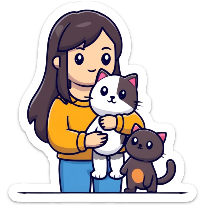 Woman with long dark hair holding pets: teddy bear, dog, and cat sticker