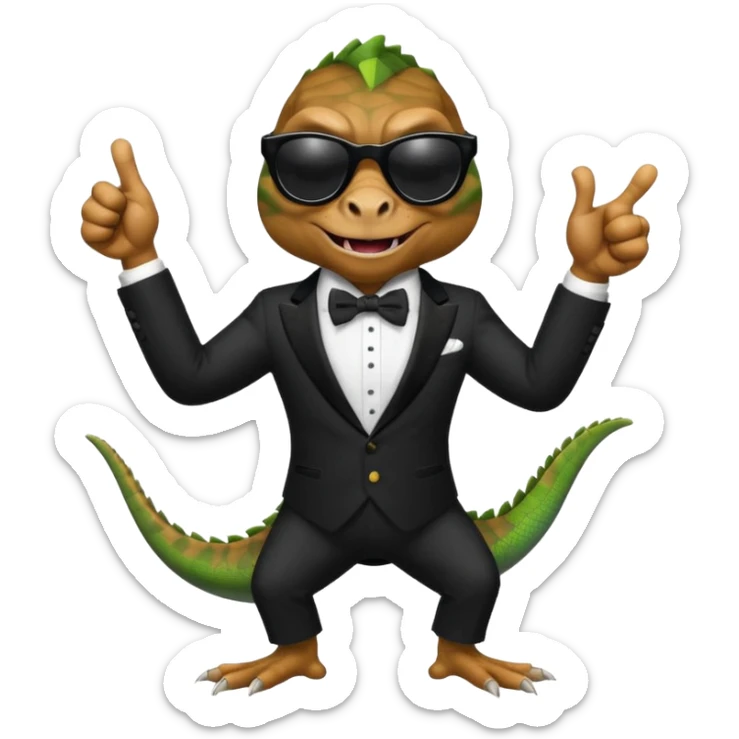 capitalist iguana banker in tuxedo and black sunglasses dancing crazy thumb up sticker