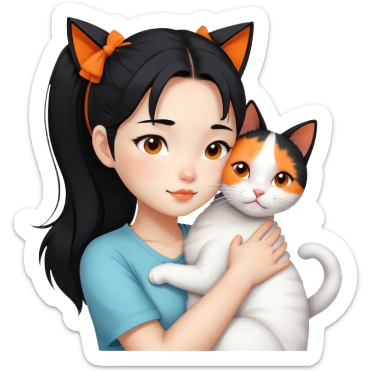 East Asian girl with high ponytail black hair hugging a predominantly white cat with orange patches, sweet and gentle, cute facial expressions sticker