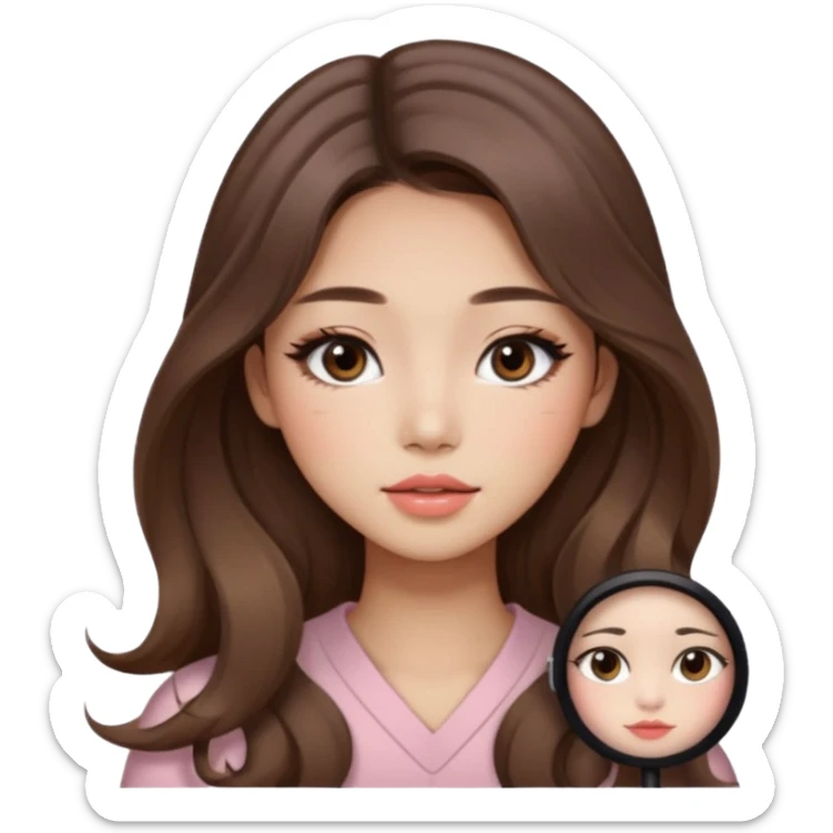 “korean straight brown hair Emoji girl, soft eyeliner and blush, gradient lips, light brown shimmer eyeshadow, long wavy hair,  sticker