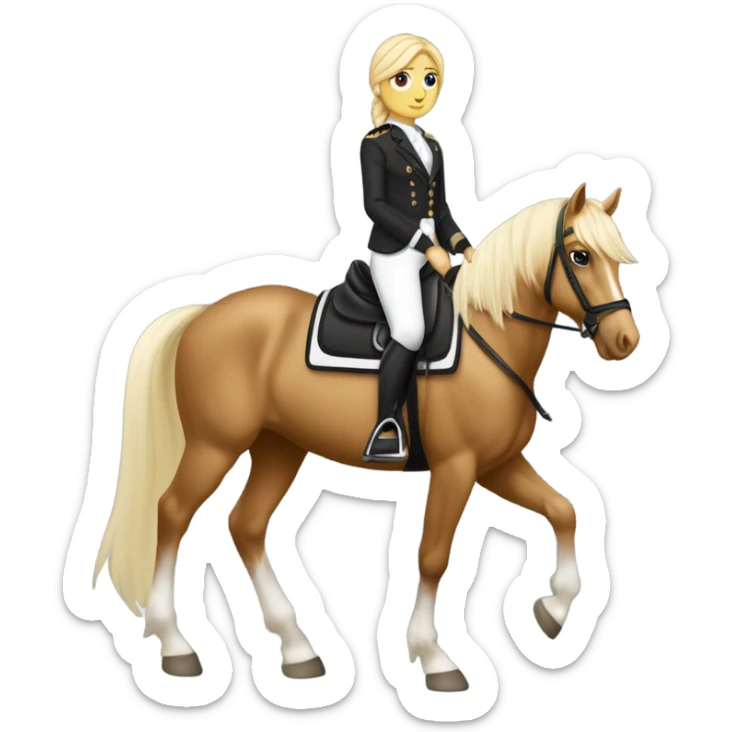 Un cheval Palomino en tain de galoper il a un tapis noir à paillettes sur le dos, sa cavalière qui est sur lui est une fille blanche avec les cheveux marrons elle porte un pantalon noir et une veste de sport noir  sticker