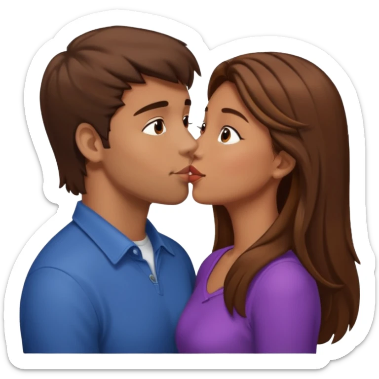 A naked girl with brown hair and bare small breasts openly kisses a tall guy with brown hair full-length on the lips sticker