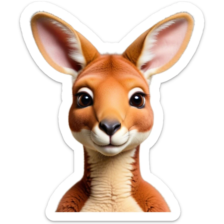 Cinematic Cute Adult Red Kangaroo Portrait Emoji, Head tilted playfully and inquisitively, showcasing a charming, robust build with soft reddish fur and a uniquely red kangaroo-like head featuring a gentle, elongated snout and rounded ears, with large, sparkling eyes full of wonder, Simplified yet irresistibly adorable features, highly detailed, glowing with a warm, friendly glow, high shine, affectionate and lively, stylized with a touch of outback whimsy, soft glowing outline, capturing the essence of a mischievous yet loving kangaroo that seems as if it could hop out of the screen into your arms! sticker