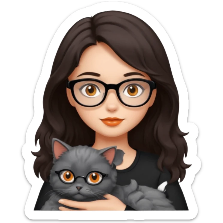 girl with dark brown hair, medium length to her chest, slightly wavy, the girl has black glasses and black eyes, she’s holding a grey fluffy cat with bright orange eyes  sticker