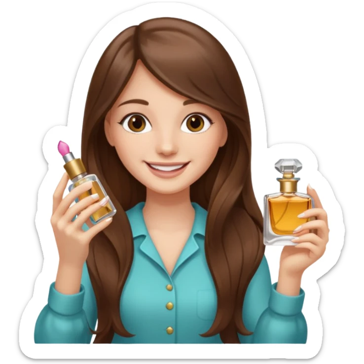 half body pretty long hair girl holding parfume with smile sticker