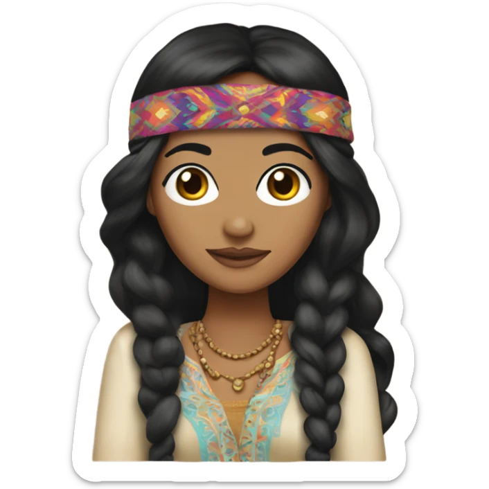 Tanned woman with black hair dressed in 1970s hippie attire, hair, makeup, and  attire with headband  sticker