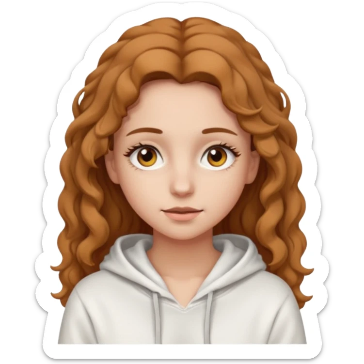 Una ragazza con una felpa semplice bianca,ha gli occhi marroni,i capelli marroni chiaro , c’è gli ha lunghi e ricci ma non troppo e ha le ciglia stile emoji apple sticker