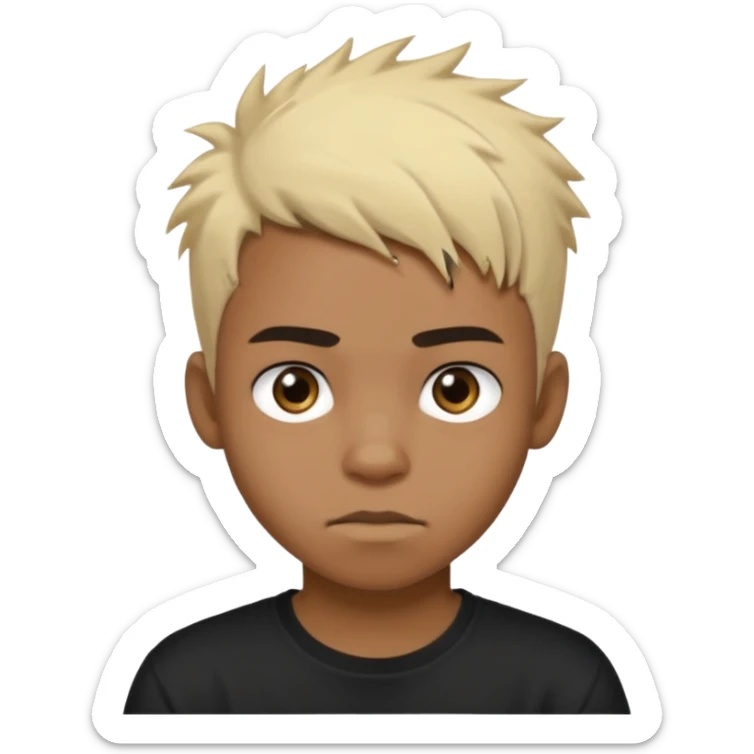 Black Male Teenager with Short punk messy blonde hair, Dark brown bushy eyebrows large expressive golden-brown eyes, wearing a plain white t-shirt, Dark Brown skin color. sticker