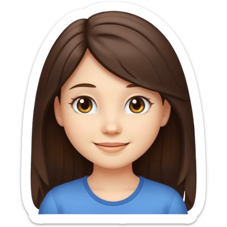 cute pretty brunette girl emoji avatar, short legs, long hair, light eyes, smiling sticker