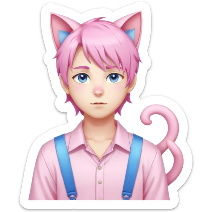 Pastel effeminate young femboy man with pastel pink shiny hair, pink cat ears, pastel yellow blouse, blue eyes, cute, gorgeous, anime, catboy, full body sticker