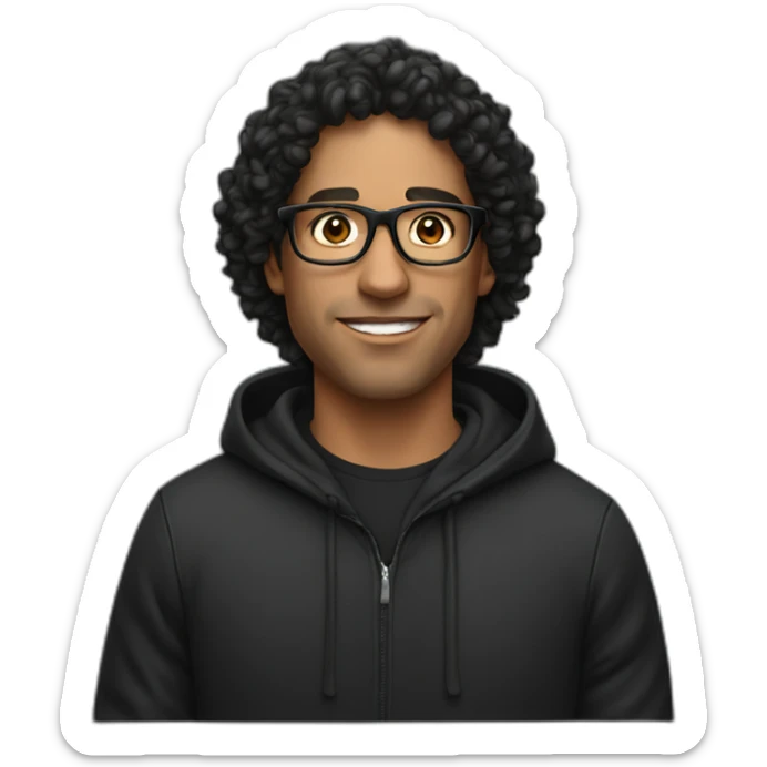 Latin man with glasses, curly hair, wearing a black hoodie sticker