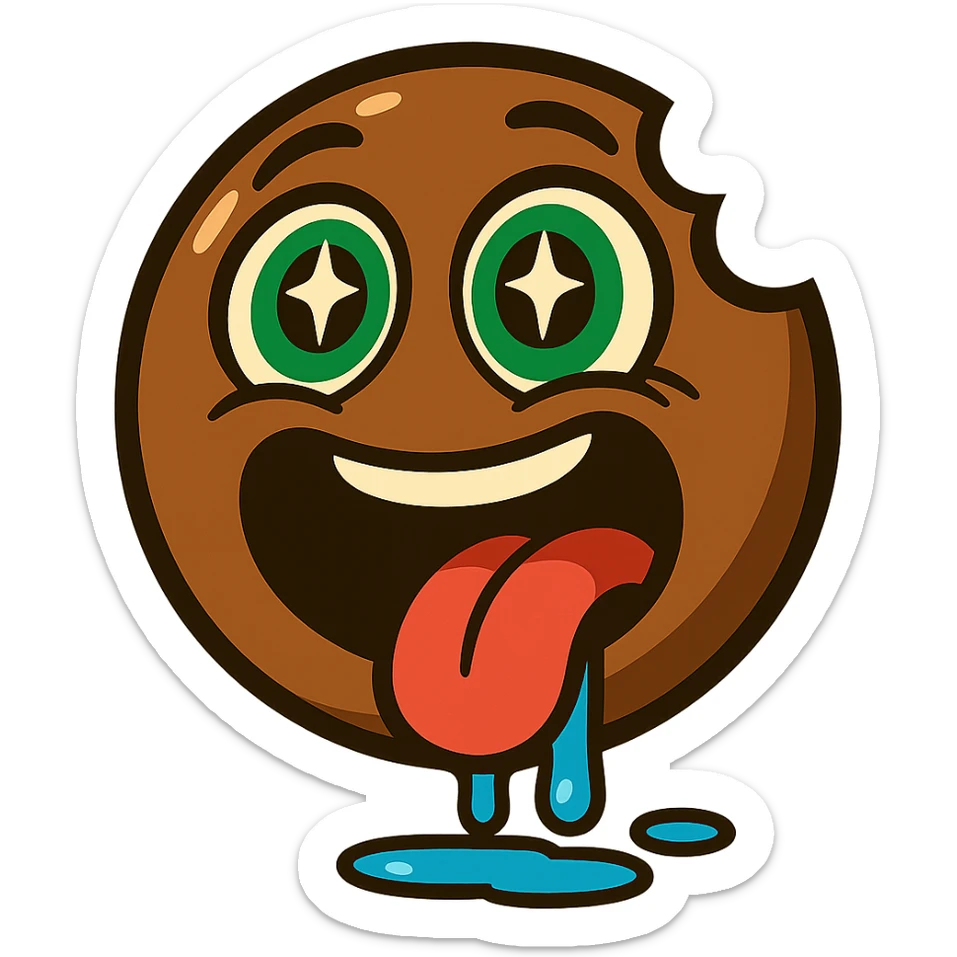 glossy exaggerated cartoon emoji face in chocolate brown, large green eyes looking up with sparkles, wide open mouth with a bite missing from the side, red tongue hanging out, blue drool dripping and pooling, showing intense hunger and excitement, clean white background, bold and fun mascot style sticker