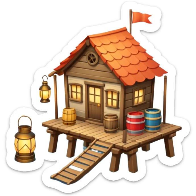 
fisherman house on a wooden pier, small dock, fishing nets hanging, barrels, lantern, ocean vibe, 3D cartoon, cute mobile game icon, clean background, no text
 sticker