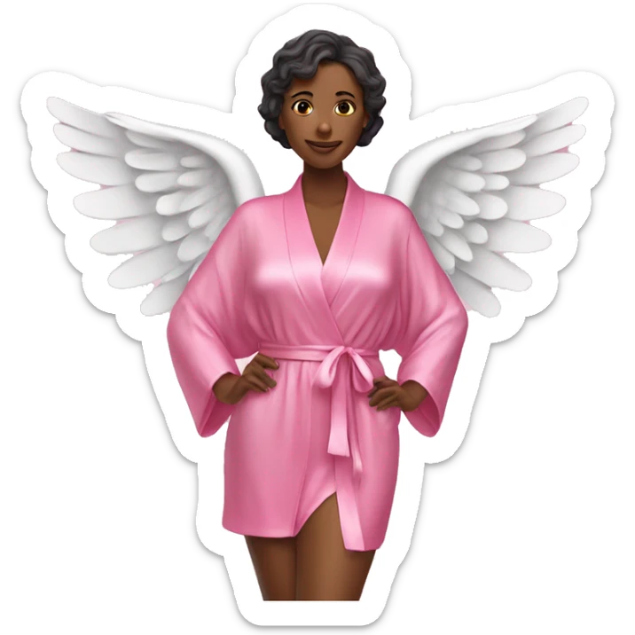 woman in pink silk robe and bikini with angel wings sticker