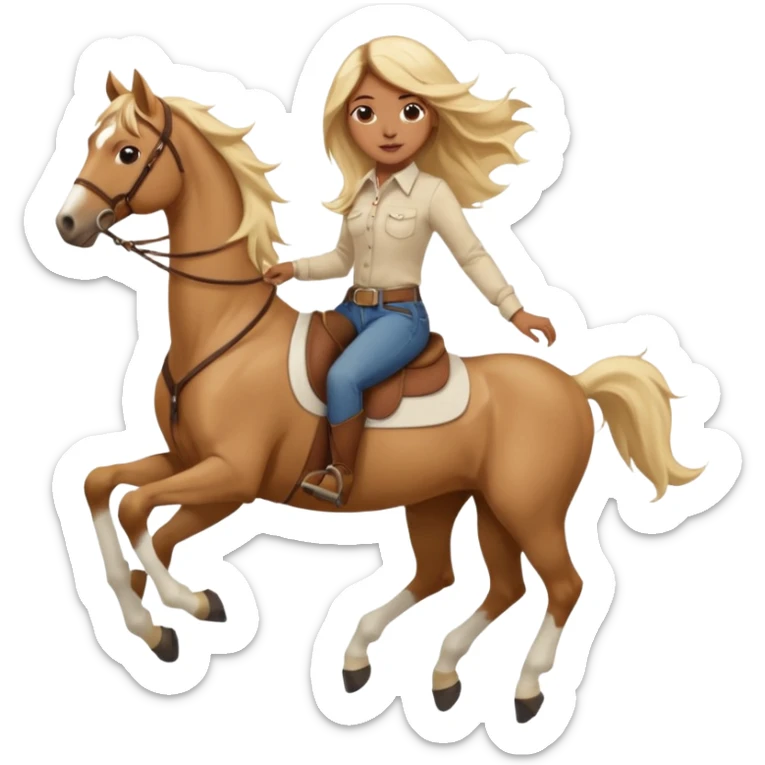 Brown girl with very long blonde/gold hair that’s blowing in the wind wearing a cream colored collared long sleeve shirt and jeans with brown boots on top of a brown horse with 4 legs sticker