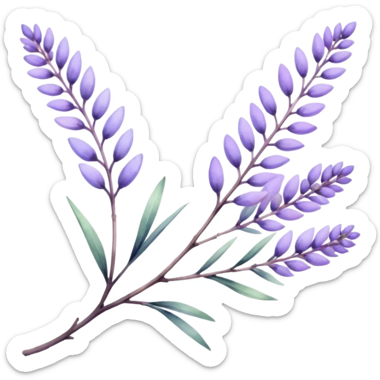 The art style is clean line art with delicate watercolor textures, pastel colors, and a dominant palette of lavender, soft lilac, and muted purple. Let the branch be more elongated sticker