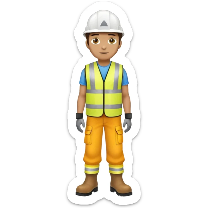 male with white helmet, yellow safety vest, steel toed boots sticker