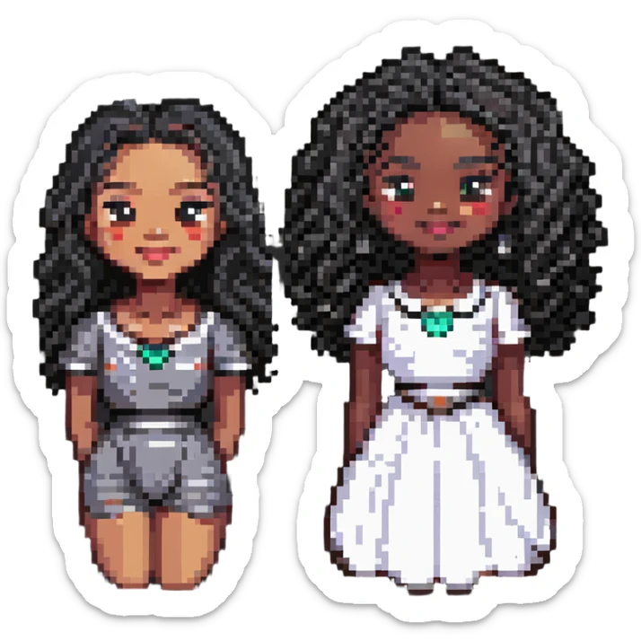 illustration of two women, one with light skin and one with dark skin, both with black curly hair, black eyes, full lips, smiling expression, pixel art style sticker
