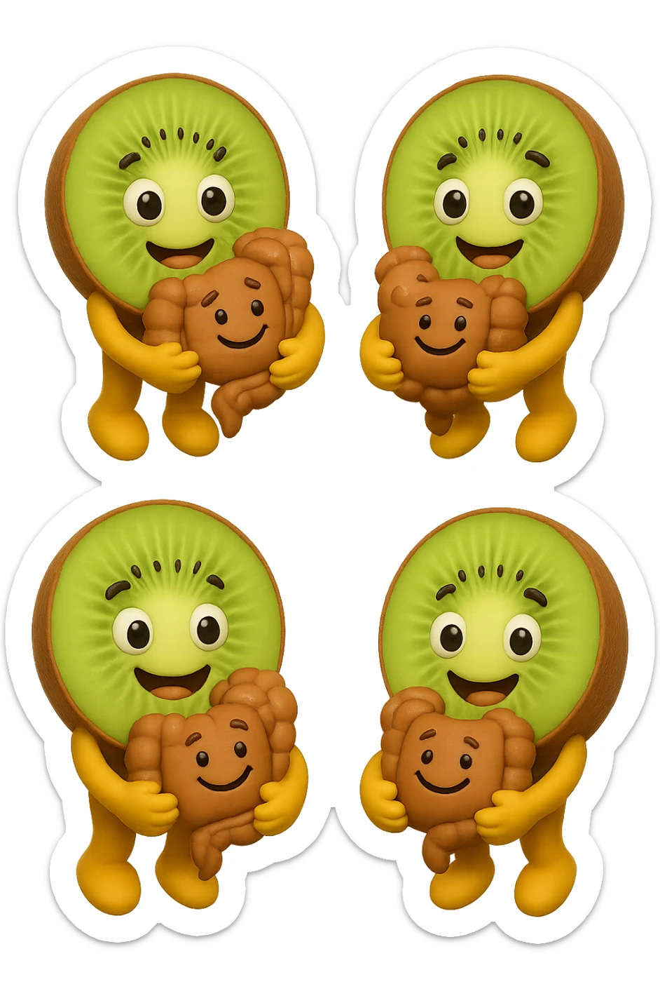 emoji stile iphone di kiwi fluttuano in aria tenendo in mano un pezzo di colon con espressione felice in volto, iperrealistico 4k sticker