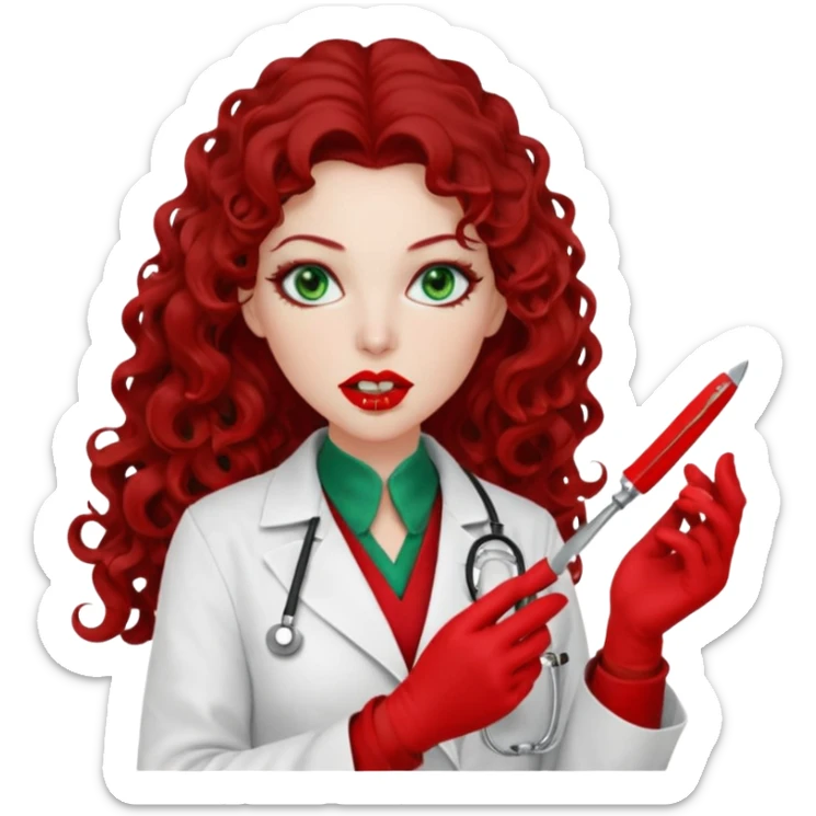 Lilith symbol sexy evil woman. She has green eyes.  had brown long curly hair.  evil surgeon kills with scalpel wears red sexy doctor coat with red mouth cover red gloves. Covers nose, neck  and mouth with red face berka sticker