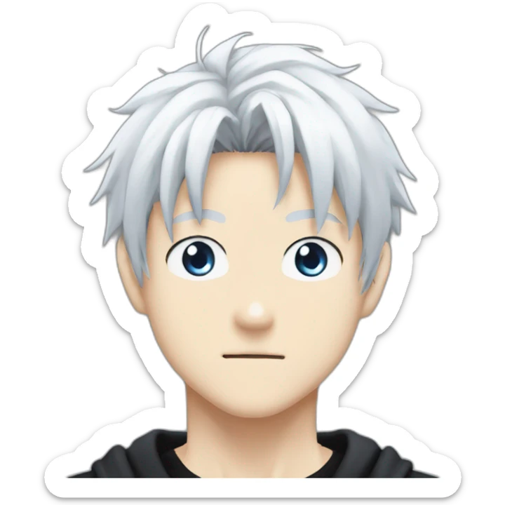 gojo satoru from jujutsu kaisen with white hair, blue eyes, who wear a black tshirt and a white baggy pant sticker