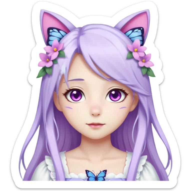 female anime character with pink eyes long white hair and periwinkle highlights and cat ears on her head. She is wearing a white dress with purple flowers and butterfly. sticker