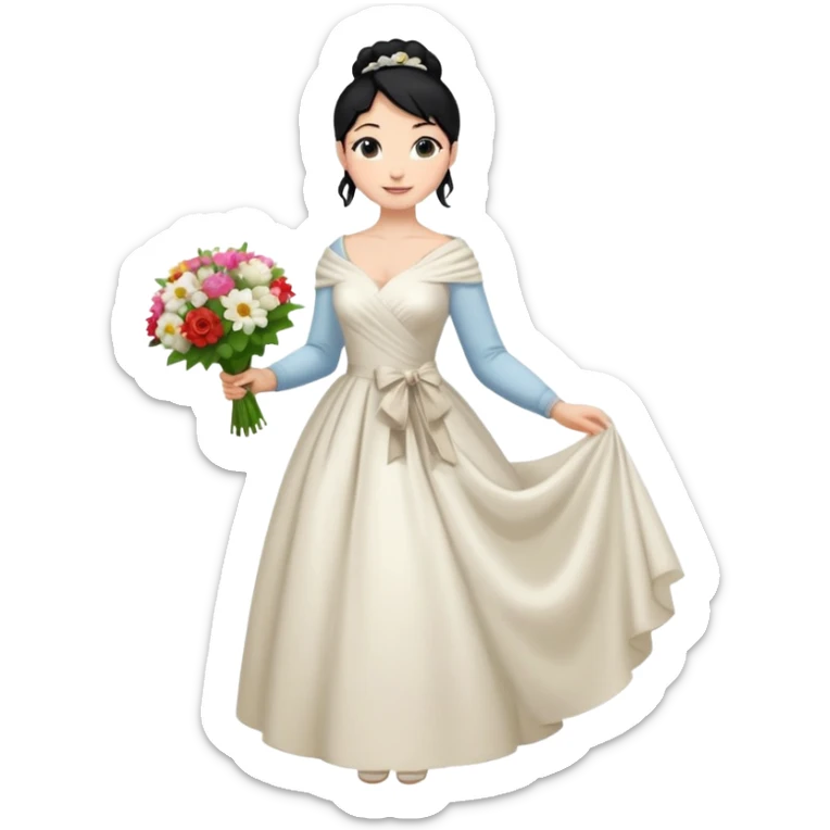 Chica blanca,cuerpo entero, vestido boda ,manga larga ,con estola, pelo negro,    ramo de flores una mano, pelo recogido en moño alto sticker