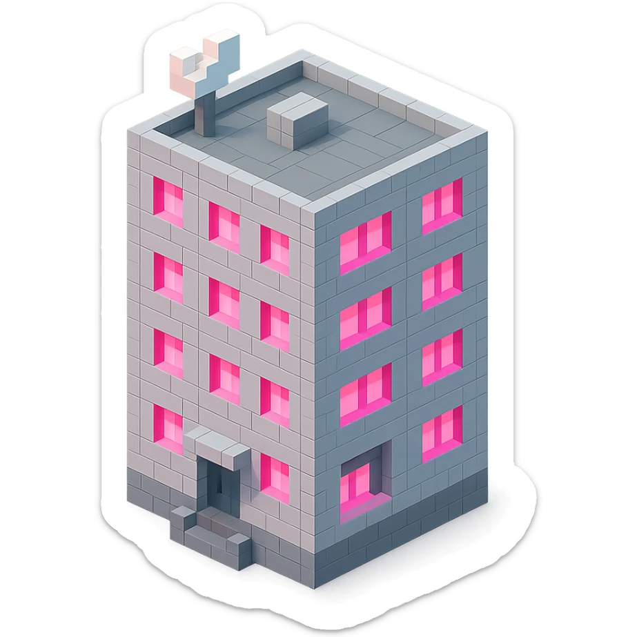 Russian panel apartment building, square block, light gray, pink glowing windows, visible entrance, satellite TV dish on the roof, isometric view sticker