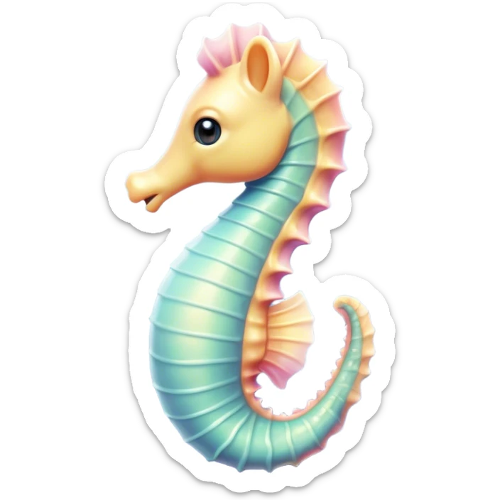 Cinematic Cute Sea Horse Portrait Emoji, Head tilted playfully and inquisitively, featuring a charming, petite seahorse with a softly curved body in pastel tones, a delicately coiled tail and round, sparkling eyes full of gentle wonder, Simplified yet irresistibly adorable features, highly detailed, glowing with a warm, inviting aquatic glow, high shine, affectionate and lively, stylized with a touch of enchanting marine charm, soft glowing outline, capturing the essence of a mischievous yet loving seahorse that seems as if it could float out of the screen into your arms! sticker