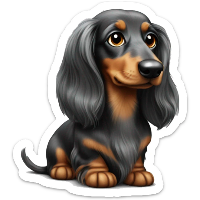 3 longhaired dachshunds, two of which black and tan and the other one merle grey sticker