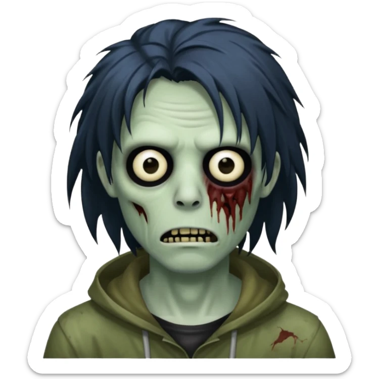 crie um emoji de zumbi homen com o cabelo de emo grande cobrindo o rosto assim🧟 sticker