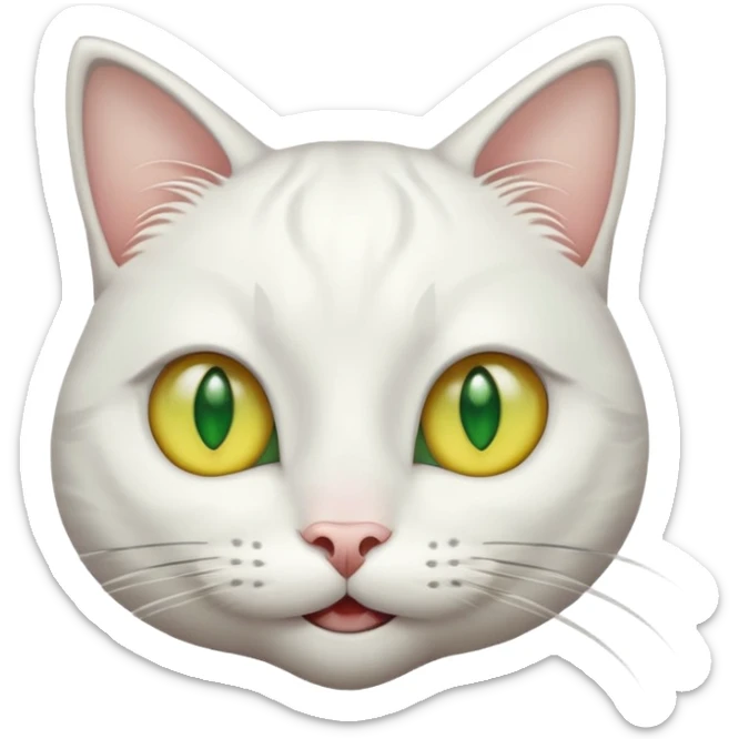 Realizar emoticonon de gato blanco con tonos gris claro solo carita sonriendo muy feliz ojos grandes de color verde con amarillos sus hijos  y bigotes largos  sticker