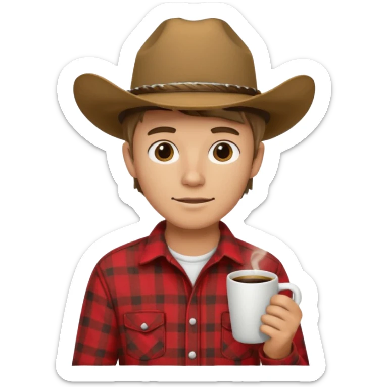 generate an ios genmoji of a 20 year old tan boy with a cowboy hat and side burns. Wearing a flannel and carrying a coffee mug sticker