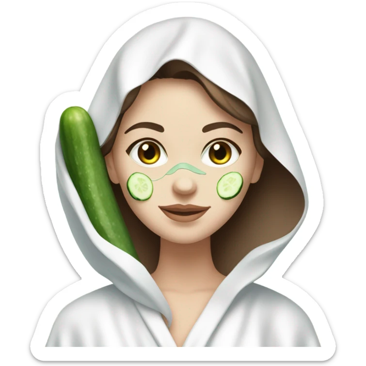 White girl with Brown hair and blue eyes wears a Green colored skincare clay textured mask and puts on cucumbers around her eyes while She relaxes in her white Robe sticker