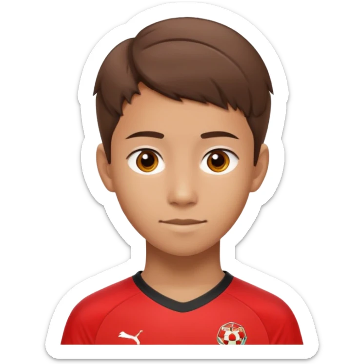- Nam
- 15 tuổi
- Da vàng
- Tóc nâu, ngắn
- Mặt dài, Cười mỉm
- Áo bóng đá màu đỏ
 sticker