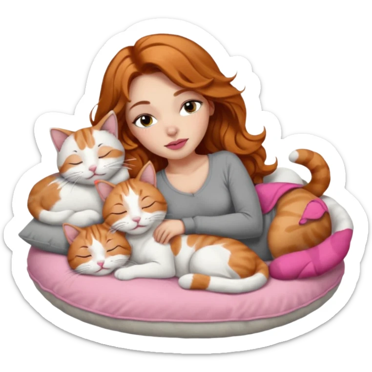 girl with long wavy brown hair, long lashes makeup, sexy pink lips, light to medium complexion,  sleeping on a cozy pillow, with 6 cats: 1 ginger/white, 1 grey with white paws, 1 calico, 2 grey and white and one tabby and white sticker
