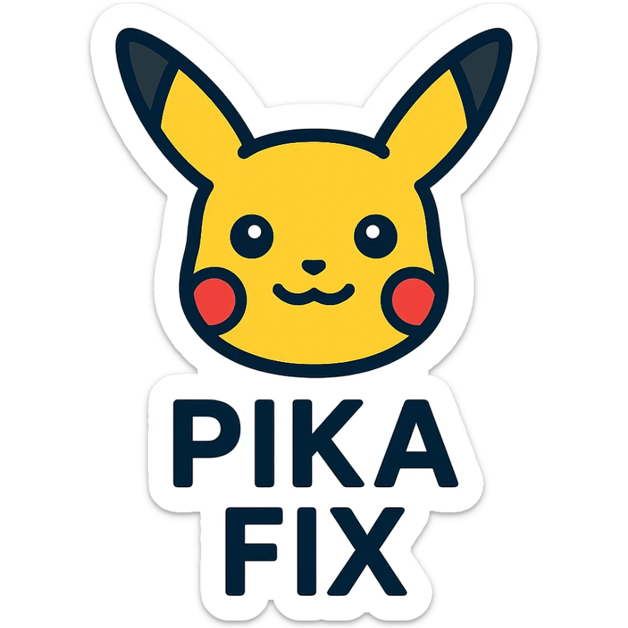 icon of Pikachu's head with the text 'PIKA' in uppercase below and 'FIX' in uppercase below that, clear and cute style sticker