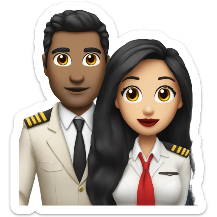 Flight attendant with long black hair, red lips and white skin with a pilot man with beige skin and black hair sticker