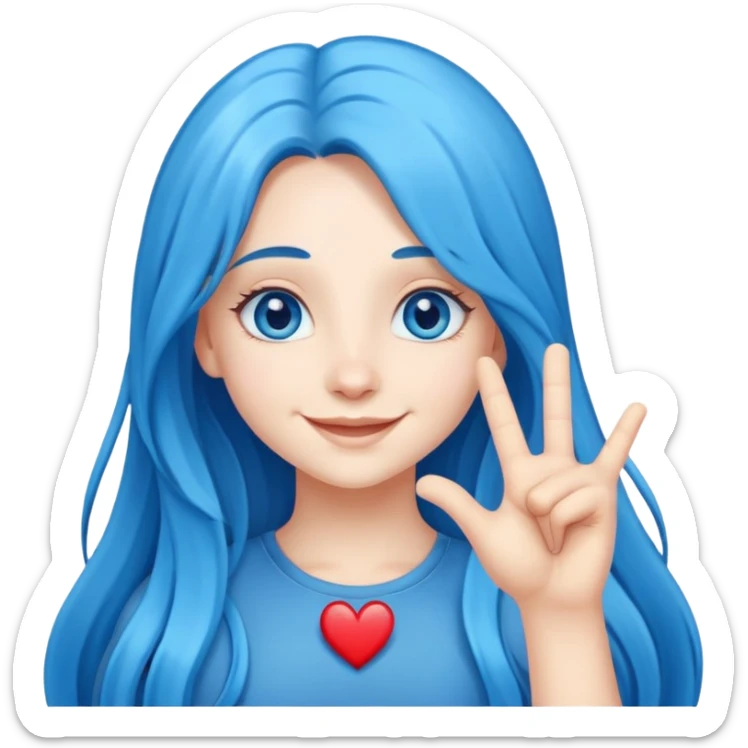 Happy girl long blue hair blue eyes making the hand heart emoji sticker