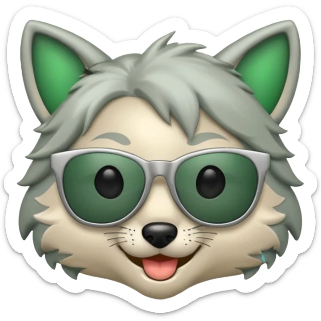 Roxanne Wolf emoji with sunglasses, playful grin, silver and green color scheme sticker