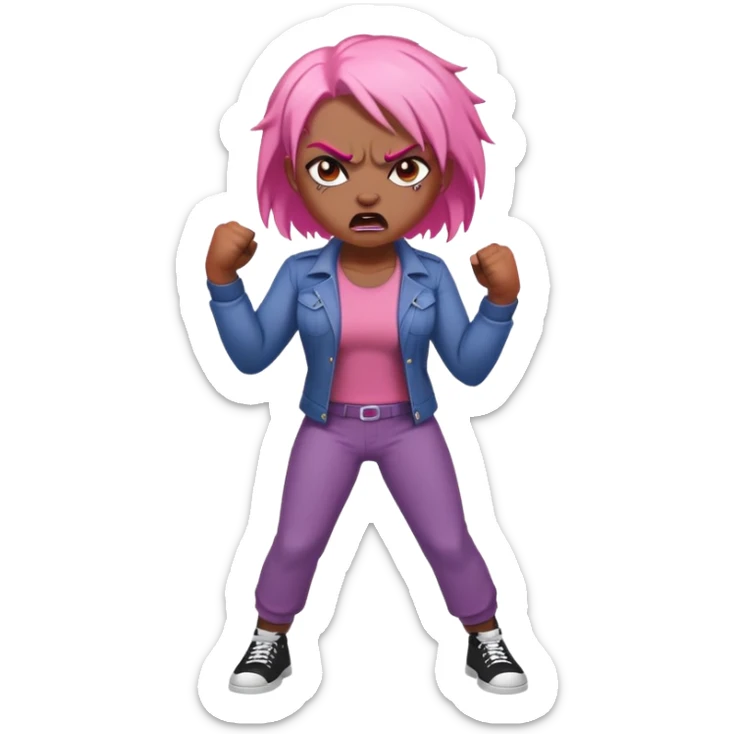 full body angry feminist with half bald head and half pink hair, extremely angry facial expression, fists clenched, aggressive stance sticker