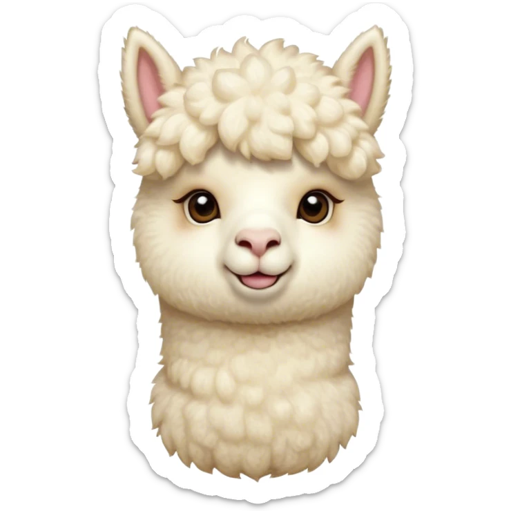 Cinematic Cute Cream Alpaca Portrait Emoji, Head tilted playfully and inquisitively, featuring a fluffy, cream fleece with a natural sheen, round, sparkling gentle eyes filled with curiosity, Simplified yet irresistibly adorable features, highly detailed, glowing with a warm, friendly glow, high shine, affectionate and gentle, stylized with a touch of whimsy, bright and endearing, soft glowing outline, capturing the essence of a mischievous yet loving alpaca, so playful it feels like it could prance out of the screen and into your arms! sticker