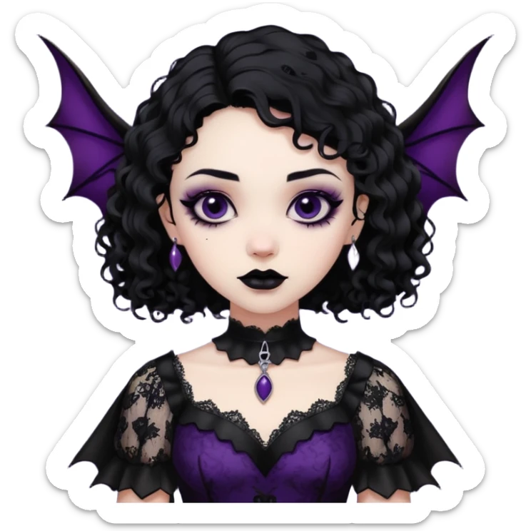 A girl with a goth vampire look in a goth lace batwings shaped sleeves dress black curly hair  sticker