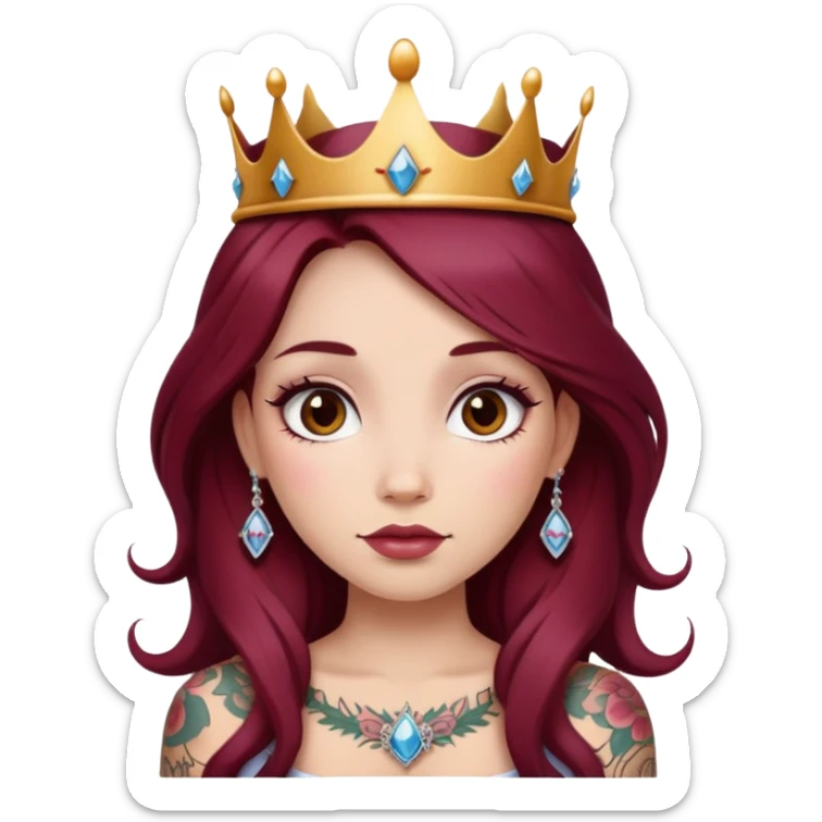 Beautiful tattooed long burgundy haired girl wearing a princess crown sticker
