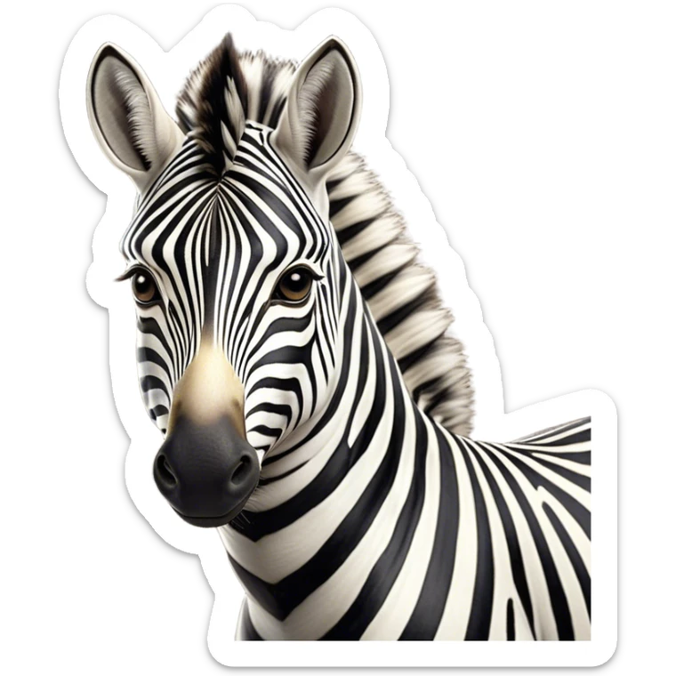 Cinematic Noble Zebra Portrait Emoji, Poised and regal, with a lean, elegant build and a striking Fur of bold black and white stripes, deep-set soulful piercing eyes, Simplified yet sharp and sophisticated features, highly detailed, glowing with a soft, dignified glow, high shine, intelligent and graceful, stylized with an air of savannah chic, focused and attentive, soft glowing outline, capturing the essence of a watchful and confident equine, so majestic it feels as though it could gallop out of the screen with effortless authority! sticker