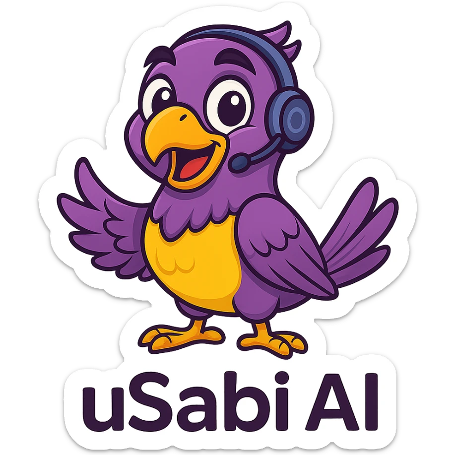 cheerful Nigerian parrot mascot for 'uSabi AI' with expressive eyes, purple and yellow feathers, subtle tech element like a headset, modern and playful style sticker